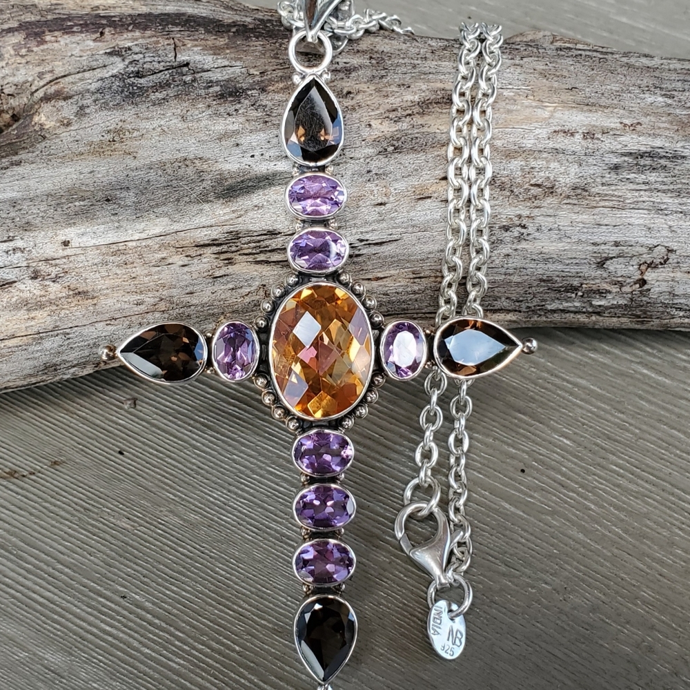 NICKY BUTLER NB 925 Sterling Silver Amethyst Smoky Quartz Cross Pendant Necklace - Picture 4 of 12